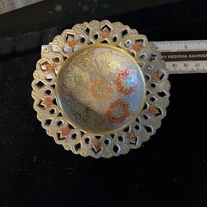 Vintage brass enameled trinket dish made in India by Penco Industries 4”x 4 3/4”